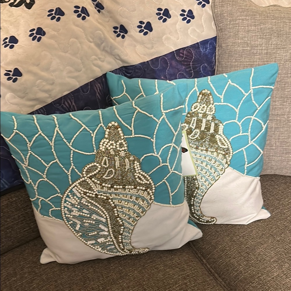 Seashell Embroidered Throw Pillows